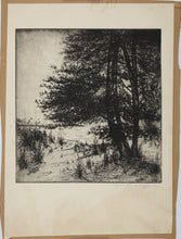 Load image into Gallery viewer, Sigmund Lee Wolffs. Landscape with pine trees. Etching. Proof. The print margins covered with craft paper. 1938.