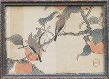 Load image into Gallery viewer, Matsumoto-Do. Birds and Persimmons. Birds and Berries. A pair of vintage woodblock prints in matching frames. Mid 20th century.