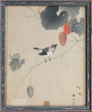 Load image into Gallery viewer, Matsumoto-Do. Birds and Persimmons. Birds and Berries. A pair of vintage woodblock prints in matching frames. Mid 20th century.