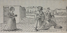 Load image into Gallery viewer, Hans Holbein the Younger, after. Fleuron "The Folly"; A Scholar Treads on a Market Woman's Basket of Eggs. Two woodcuts by Johann Gottlieb Friedrich Unger. Late XVIII C.