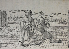 Load image into Gallery viewer, Hans Holbein the Younger, after. Fleuron "The Folly"; A Scholar Treads on a Market Woman's Basket of Eggs. Two woodcuts by Johann Gottlieb Friedrich Unger. Late XVIII C.
