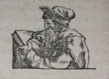 Load image into Gallery viewer, Ambrosius Holbein, after. A Donkey Sings to the Accompaniment of a Harp. Hans Holbein the Younger, after. "The Folly' as a professor of arts or sciences. A Theologian. Three woodcuts by Johann Gottlieb Friedrich Unger. Late XVIII C.