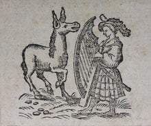 Load image into Gallery viewer, Ambrosius Holbein, after. A Donkey Sings to the Accompaniment of a Harp. Hans Holbein the Younger, after. "The Folly' as a professor of arts or sciences. A Theologian. Three woodcuts by Johann Gottlieb Friedrich Unger. Late XVIII C.