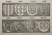 Load image into Gallery viewer, German School XVI C. Spain Heraldry. Print from Cosmographia by Sebastian Münster. Woodcut.