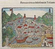 Load image into Gallery viewer, Italian School XVI C. View of Florence page CIII. Colored Woodcut.