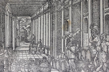 Load image into Gallery viewer, Jost Amman. Elisha Multiplying the Widow's Oil. At the gate of Samaria. Woodcuts. XVI C.