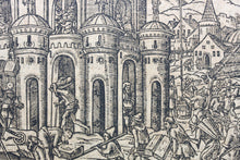 Load image into Gallery viewer, German School XVI C. Tower of Babel. Woodcut from Bible translated by Martin Luther. XVI C.