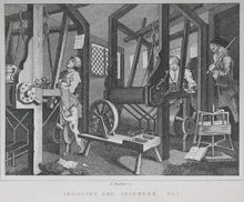 Load image into Gallery viewer, William Hogarth, after. Industry and Idleness. Pl. 1-3, The Sleeping Congregation. The Harlot Progress Pl. 5-6, The Distress'd Poet. The Company of Strollers. Eight steel engravings. 1831.