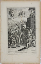 Load image into Gallery viewer, G. Freman, after. The Triumph of David. Saul designes the death of David. Double-sided engraving by P. Bouche and Jan Kip from Richard Blome’s Bible. 1688-1705.