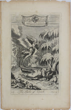 Load image into Gallery viewer, G. Freman, after. The flight of Elijah. The Piety of Jehosaphat. Double-sided engraving by P. Bouche and Jan Kip from Richard Blome’s Bible. 1688-1705.