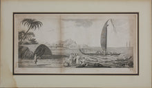 Load image into Gallery viewer, Sydney Parkinson, after. A view in the island of Ulietea (Raiatea) with a double canoe and a boathouse.