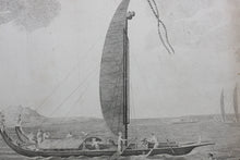 Load image into Gallery viewer, Sydney Parkinson, after. A view in the island of Ulietea (Raiatea) with a double canoe and a boathouse.