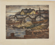 Load image into Gallery viewer, Jalmari Ruokokoski. Boats on shore. Color lithograph. 1928.
