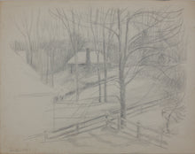 Load image into Gallery viewer, Helena Beacham, attributed to. Winter Landscape with a farm. Graphite drawing. 1967.