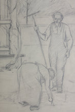 Load image into Gallery viewer, American realism. A man and woman planting tree seedlings. Graphite drawing. Early/Mid XX C.