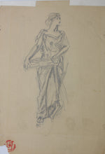 Load image into Gallery viewer, Lee Woodward Zeigler. Female figure with a tray in antique attire. Graphite drawing. XX C.