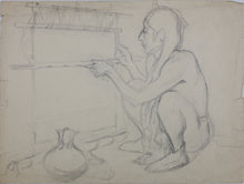 Load image into Gallery viewer, Native American Woman at the weaving loom. Graphite drawing. XX C.