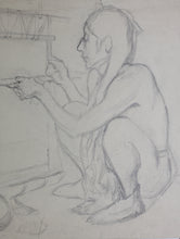 Load image into Gallery viewer, Native American Woman at the weaving loom. Graphite drawing. XX C.