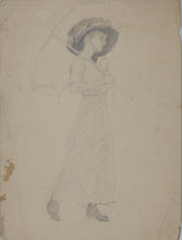 Load image into Gallery viewer, Young Woman with Hat and Parasol. Graphite drawing. Late XIX C.