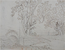 Load image into Gallery viewer, Palace park with statue of Greek Goddess. Graphite and ink drawing. XVIII C.