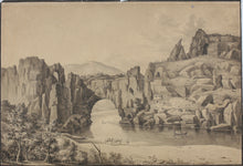 Load image into Gallery viewer, Italianate mountain landscape with river and bridge. Ink and gray wash. XIX C.