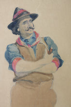 Load image into Gallery viewer, Portrait of a man with moustache holding pipe. Watercolor. XIX C.
