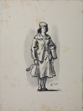 Load image into Gallery viewer, Charles Locke. Woman carrying shopping bags. Ink, pen, and brush drawing. 1959.