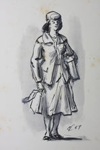 Load image into Gallery viewer, Charles Locke. Woman carrying shopping bags. Ink, pen, and brush drawing. 1959.