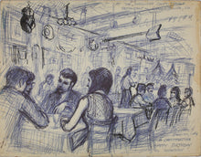 Load image into Gallery viewer, John Middleton Freeman. Happy Birthday at the Old Gaslight Charlottesville Va. Ink drawing. 1969.