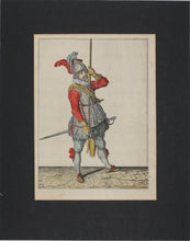 Load image into Gallery viewer, Jacques de Gheyn II. Landsknecht demonstrating the first movement for lowering the pike to the ground. Colored engraving. 1607.
