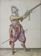 Load image into Gallery viewer, Jacques de Gheyn II. Marksman raising his caliver. Colored engraving. 1607.
