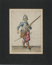Load image into Gallery viewer, Jacques de Gheyn II. Marksman having fired, holding his caliver upright. Colored engraving. 1607.