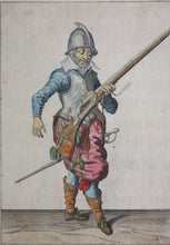 Load image into Gallery viewer, Jacques de Gheyn II. Marksman having fired, holding his caliver upright. Colored engraving. 1607.