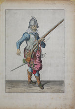 Load image into Gallery viewer, Jacques de Gheyn II. Marksman having fired, holding his caliver upright. Colored engraving. 1607.