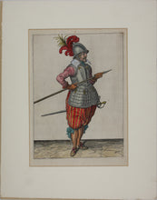 Load image into Gallery viewer, Jacques de Gheyn II. Landsknecht taking hold of the pike below its point. Colored engraving. 1607.