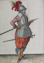 Load image into Gallery viewer, Jacques de Gheyn II. Landsknecht taking hold of the pike below its point. Colored engraving. 1607.