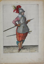 Load image into Gallery viewer, Jacques de Gheyn II. Landsknecht taking hold of the pike below its point. Colored engraving. 1607.