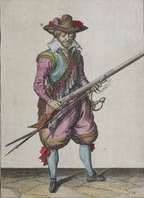 Load image into Gallery viewer, Jacques de Gheyn II. Musketeer shaking the powder from the top of the pan. Colored engraving. 1607.