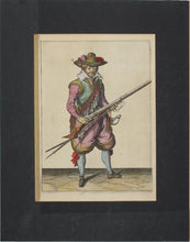 Load image into Gallery viewer, Jacques de Gheyn II. Musketeer shaking the powder from the top of the pan. Colored engraving. 1607.