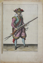 Load image into Gallery viewer, Jacques de Gheyn II. Musketeer shaking the powder from the top of the pan. Colored engraving. 1607.