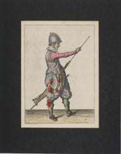 Load image into Gallery viewer, Jacques de Gheyn II. Marksman lifting the ramrod from his caliver. Colored engraving. 1607.