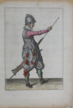 Load image into Gallery viewer, Jacques de Gheyn II. Marksman lifting the ramrod from his caliver. Colored engraving. 1607.