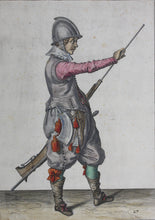 Load image into Gallery viewer, Jacques de Gheyn II. Marksman lifting the ramrod from his caliver. Colored engraving. 1607.