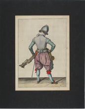Load image into Gallery viewer, Jacques de Gheyn II. Marksman seen from behind, on guard shaping the match between his thumb and his forefinger. Colored engraving. 1607.