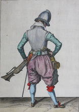 Load image into Gallery viewer, Jacques de Gheyn II. Marksman seen from behind, on guard shaping the match between his thumb and his forefinger. Colored engraving. 1607.