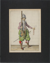 Load image into Gallery viewer, Jacques de Gheyn II. Marksman holding the caliver upright in his right hand. Colored engraving. 1607.