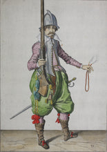 Load image into Gallery viewer, Jacques de Gheyn II. Marksman holding the caliver upright in his right hand. Colored engraving. 1607.