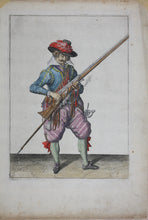 Load image into Gallery viewer, Jacques de Gheyn II. Musketeer raising both musket and fork in his left hand. Colored engraving. 1607.