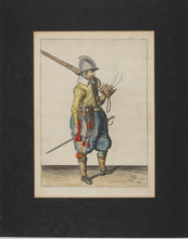 Load image into Gallery viewer, Jacques de Gheyn II. Marksman balancing his caliver over his shoulder. Colored engraving. 1607.