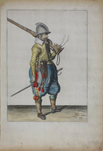 Load image into Gallery viewer, Jacques de Gheyn II. Marksman balancing his caliver over his shoulder. Colored engraving. 1607.